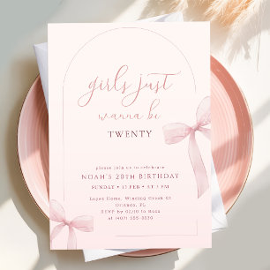 Pink Bow Arch Girls Just Wanna Be 20th Birthday Invitation