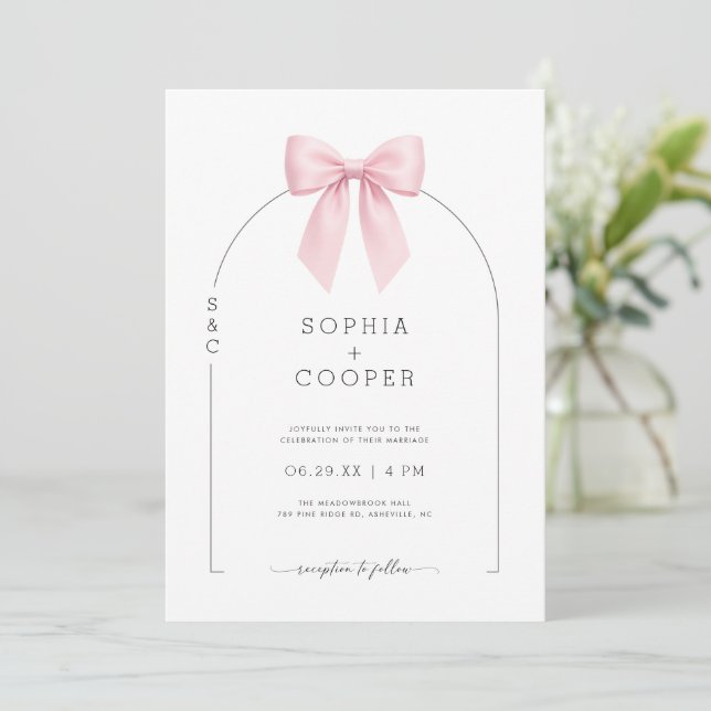 Pink Bow Arch Modern Serif Wedding Invitation (Standing Front)