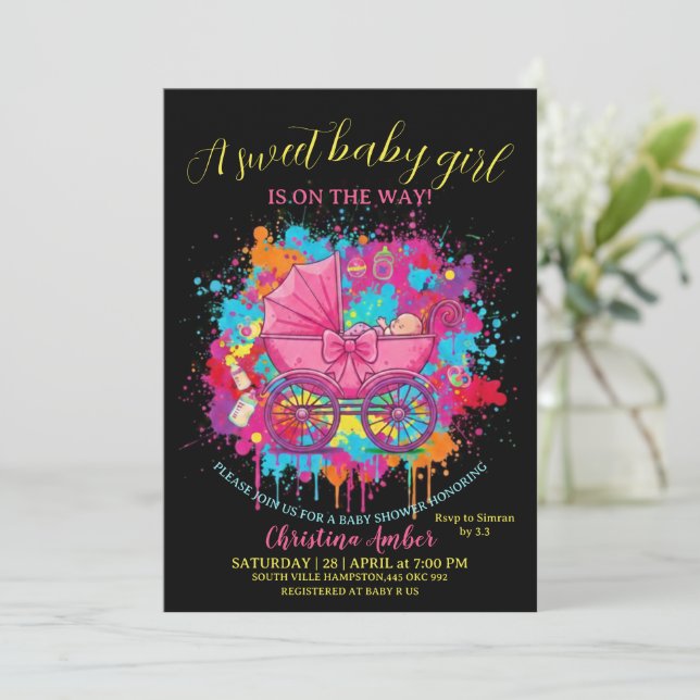 Pink Bow Baby Carriage Girl Baby Shower Invitation (Standing Front)