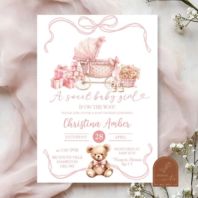 Pink Bow Baby Carriage Girl Baby Shower Invitation (Creator Uploaded)