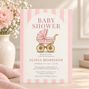 Pink Bow Baby Carriage Girl Baby Shower Invitation
