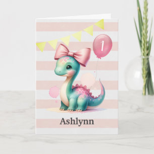 Pink Bow Baby Dinosaur 1st Birthday Card