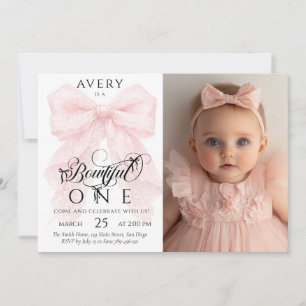 Pink Bow Baby Girl 1st Birthday Photo Invitation