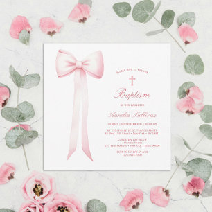 Pink Bow Baby Girl Baptism Invitation