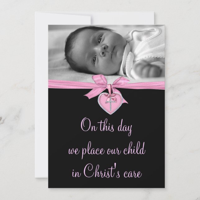 Pink Bow Baby Girl Photo Christening Invitation (Front)