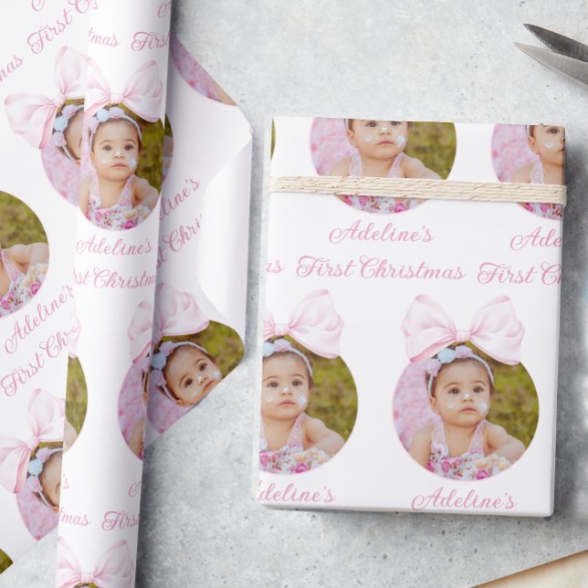 Pink Bow Baby Girl Photo Wrapping Paper (Creator Uploaded)