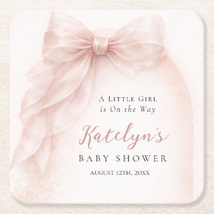 Pink Bow Baby Girl Shower Blush Watercolor Square Paper Coaster