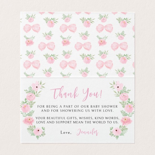 Pink bow baby girl shower foldable thank you cards (Inside Unfolded)