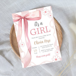 Pink Bow Baby Girl Shower Invitation