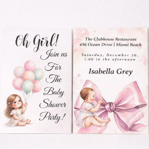 Pink Bow Baby Girl Shower Party with balloons Invitation