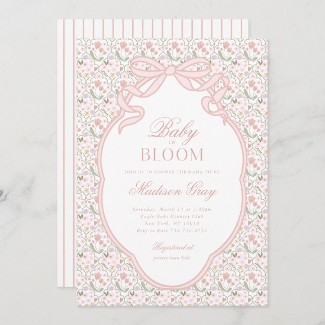 Pink Bow Baby in Bloom Baby Shower Invitation (Front/Back)