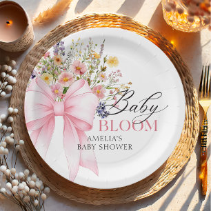 Pink Bow Baby in Bloom Baby Shower Paper Plate