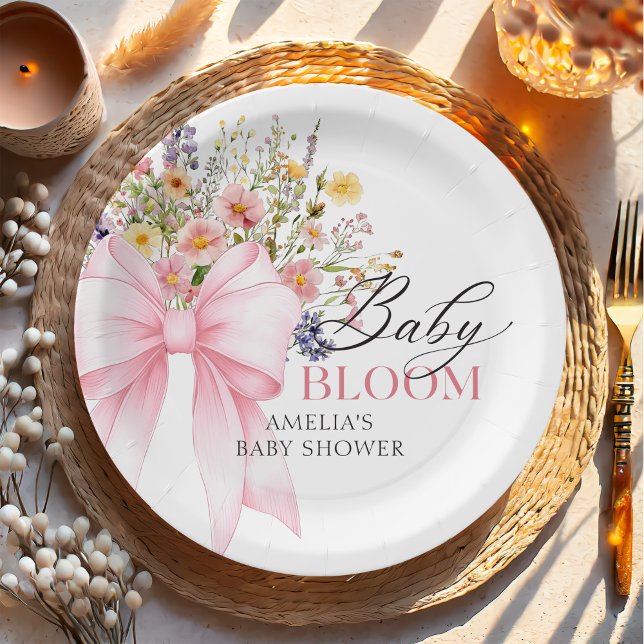 Pink Bow Baby in Bloom Baby Shower Paper Plate (Creator Uploaded)