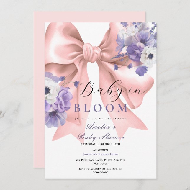 Pink Bow Baby in Bloom Baby Shower Purple Floral Invitation (Front/Back)