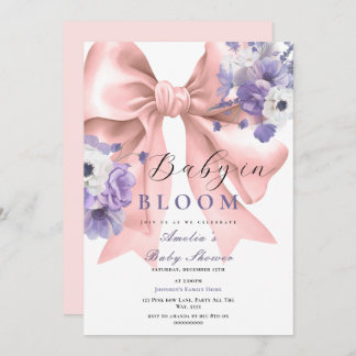 Pink Bow Baby in Bloom Baby Shower Purple Floral Invitation