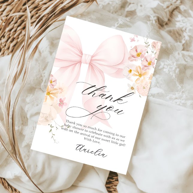 Pink Bow Baby in Bloom Baby Shower Thank You Card (Creator Uploaded)