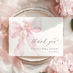 Pink Bow Baby in Bloom Baby shower Thank you card
