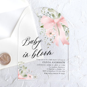 Pink Bow Baby in Bloom Floral Baby Shower Arch Acrylic Invitations