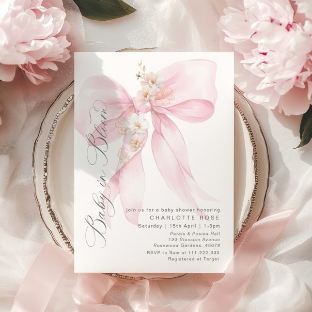 Pink Bow Baby in Bloom Floral Baby Shower Invitation (Creator Uploaded)