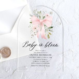 Pink Bow Baby in Bloom Floral Girl Baby Shower Acrylic Invitations