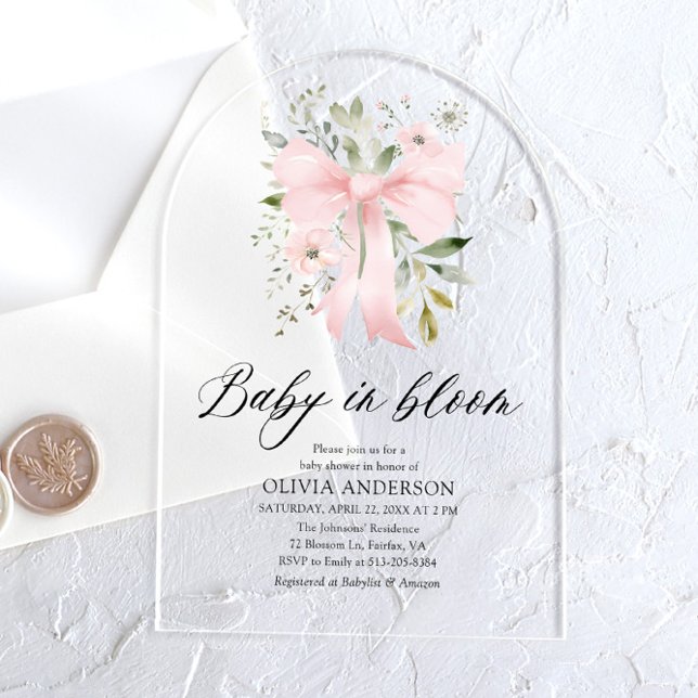 Pink Bow Baby in Bloom Floral Girl Baby Shower Acrylic Invitations (Creator Uploaded)