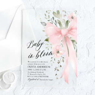 Pink Bow Baby in Bloom Floral Girl Baby Shower Acrylic Invitations