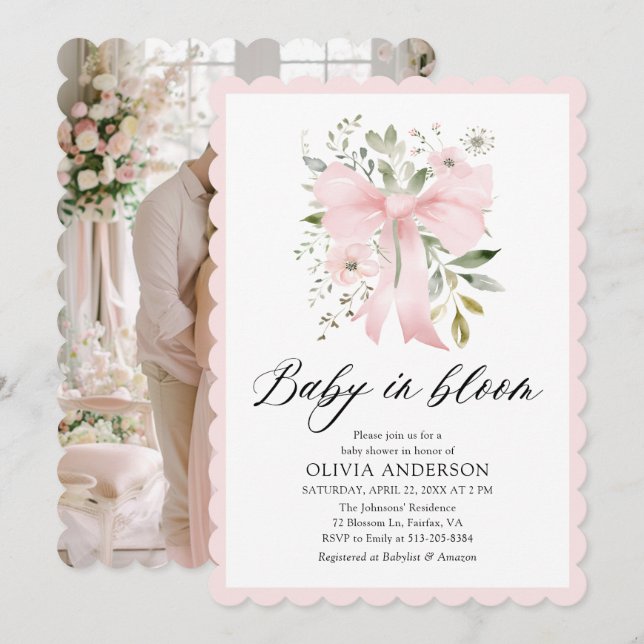 Pink Bow Baby in Bloom Floral Girl Baby Shower Invitation (Front/Back)