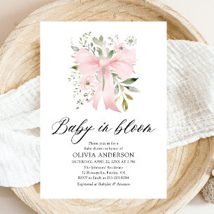 Pink Bow Baby in Bloom Floral Girl Baby Shower Invitation