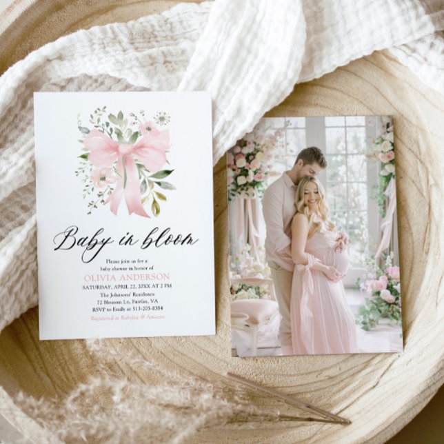 Pink Bow Baby in Bloom Floral Girl Baby Shower Invitation (Blush Pink Bow Floral Baby in Bloom Girl Baby Shower Invitation)