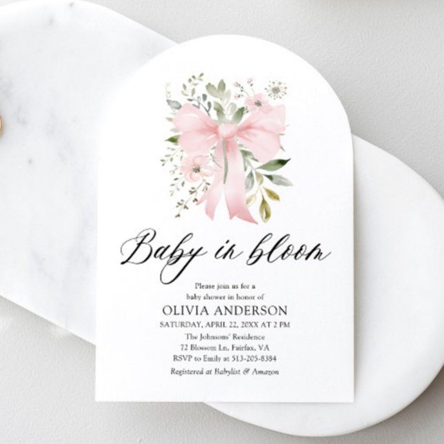Pink Bow Baby in Bloom Floral Girl Baby Shower Invitation (Creator Uploaded)