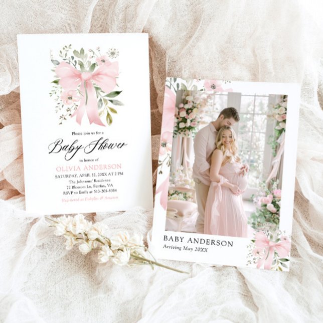 Pink Bow Baby in Bloom Floral Girl Baby Shower Invitation (Watercolor Blush Pink Bow Floral Girl Baby Shower Invitation)