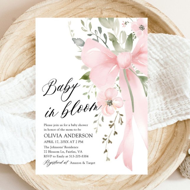 Pink Bow Baby in Bloom Floral Girl Baby Shower Invitation (Watercolor Cute Pink Bow Baby in Bloom Floral Girl Baby Shower Invitation)