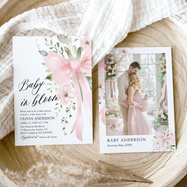 Pink Bow Baby in Bloom Floral Girl Baby Shower Invitation (Watercolor Cute Pink Bow Baby in Bloom Floral Girl Baby Shower Invitation)
