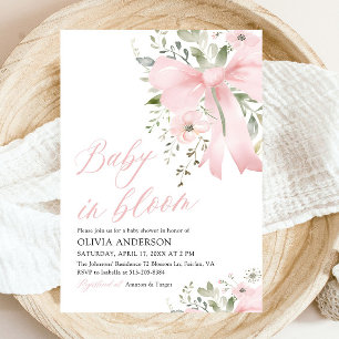 Pink Bow Baby in Bloom Floral Girl Baby Shower Invitation
