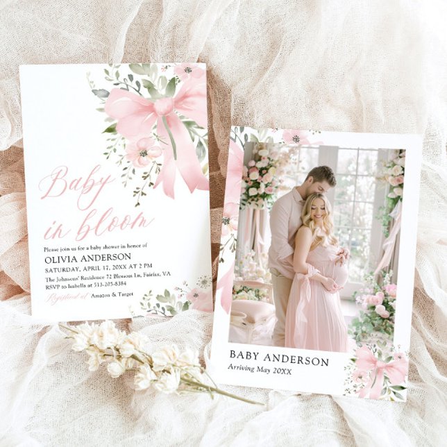 Pink Bow Baby in Bloom Floral Girl Baby Shower Invitation (Watercolor Pink Bow Baby in Bloom Floral Girl Baby Shower Invitation)