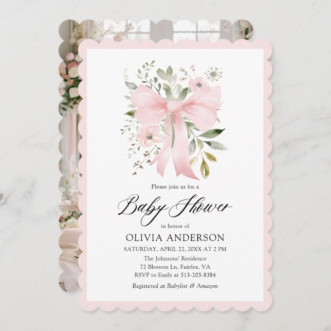 Pink Bow Baby in Bloom Floral Girl Baby Shower Invitation (Front/Back)