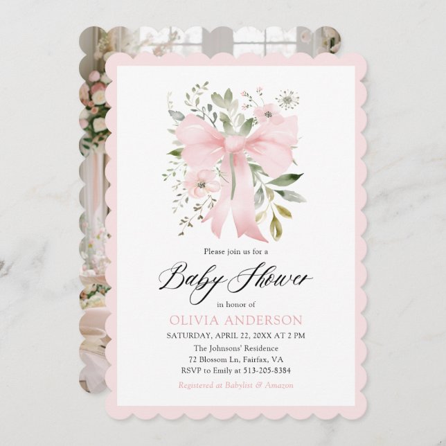 Pink Bow Baby in Bloom Floral Girl Baby Shower Invitation (Front/Back)