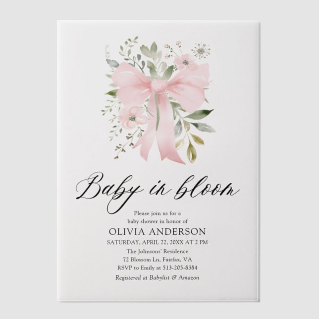 Pink Bow Baby in Bloom Floral Girl Baby Shower Vellum Invitations (Front)