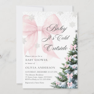 Pink Bow Baby It's Cold Outside Baby Shower Invitation