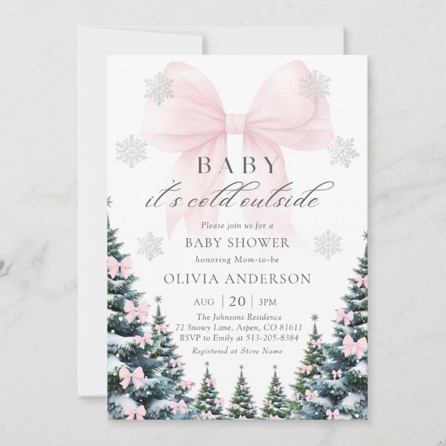 Pink Bow Baby It's Cold Outside Baby Shower  Invitation (Front)
