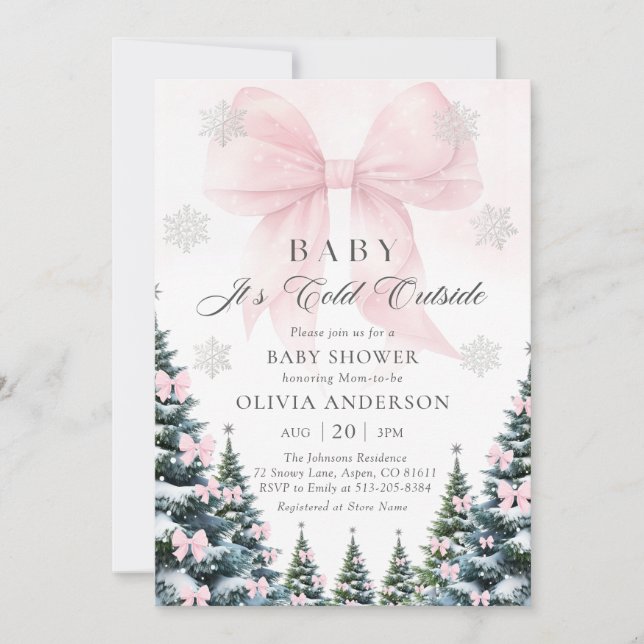 Pink Bow Baby It's Cold Outside Baby Shower  Invitation (Front)