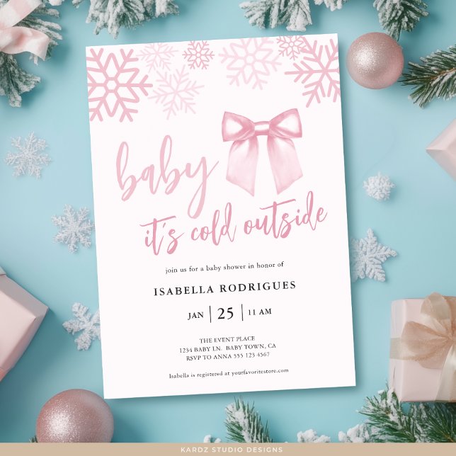 Pink Bow Baby Its Cold Outside Baby Shower Invitation (Front of invite shown in 5 x 7 inches with square corners. Personalize, choose paper + corner style.)