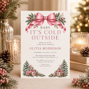 Pink Bow Baby It's Cold Outside Baby Shower Invitation