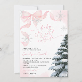 Pink Bow Baby It's Cold Outside Baby Shower Invitation