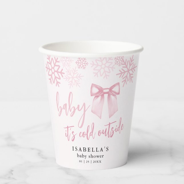 Pink Bow Baby Its Cold Outside Baby Shower Paper Cups (Front)