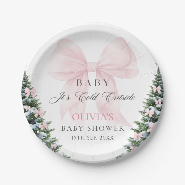 Pink Bow Baby It's Cold Outside Bow Baby Shower Paper Plate (Front)