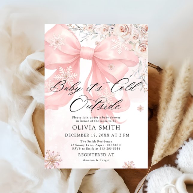 Pink Bow Baby It's Cold Outside Girl Baby Shower Invitation (Creator Uploaded)