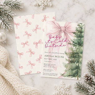 Pink Bow baby It's Cold Outside Pine Baby Shower Invitation