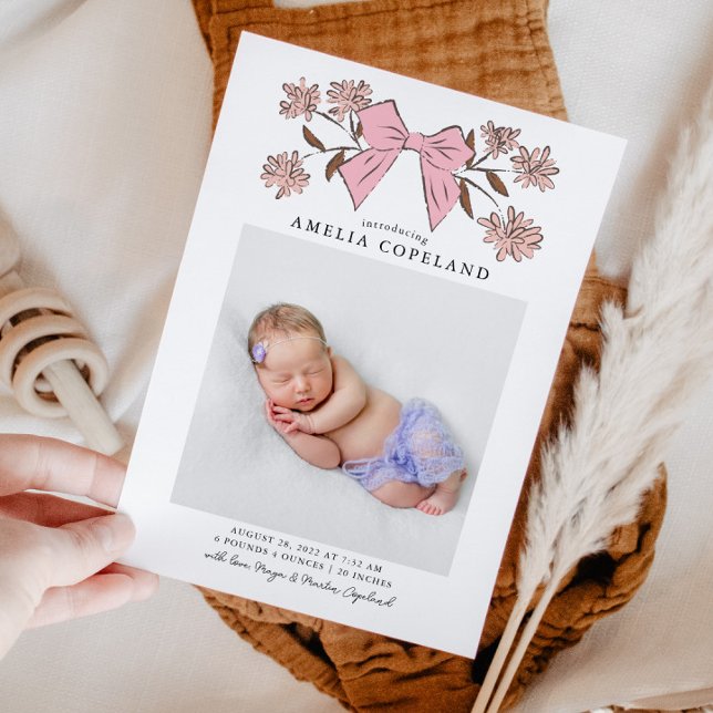 Pink Bow Baby Photo Birth Announcement (Creator Uploaded)