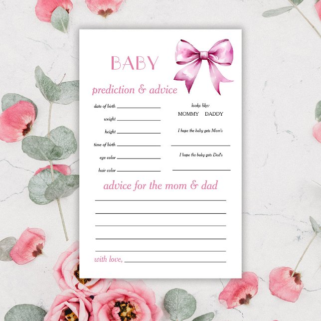 Pink Bow Baby Prediction and Advice Game Card (Creator Uploaded)